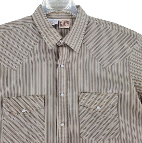 Vtg Western Frontier SS Pearl Shirt Men L Beige Gray Striped 2-Pkts USA Made 90s - Picture 5 of 10
